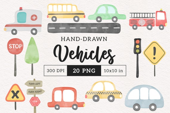 Handdrawn Vehicle clipart PNG Watercolor vehicles race car clip art Pastel Fire engine ambulance bus traffic signal Transport illustrations