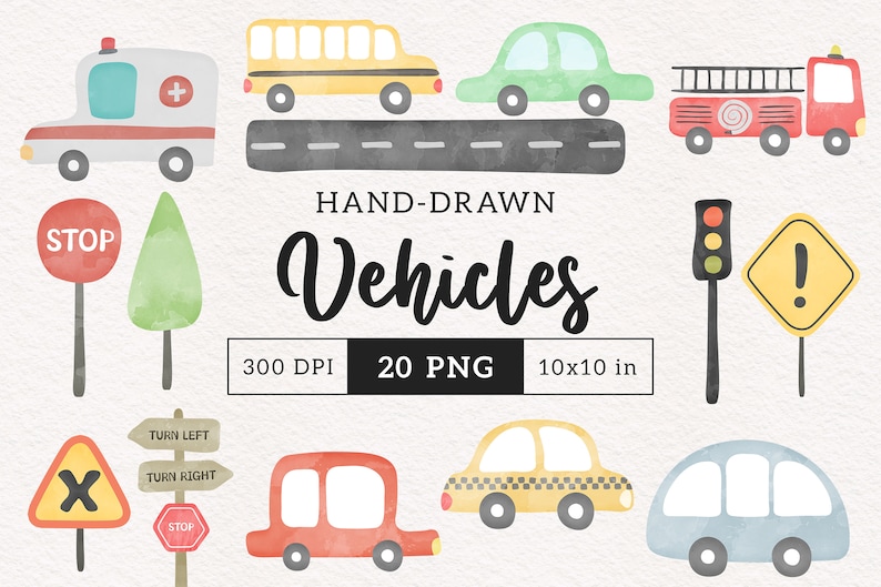 May include: A set of 20 hand-drawn watercolor illustrations of vehicles and road signs. The illustrations include a school bus, ambulance, fire truck, taxi, car, stop sign, turn left sign, turn right sign, and a warning sign with an exclamation point. The illustrations are in a cartoon style and are perfect for use in children's books, educational materials, or crafts.