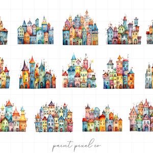 May include: A set of 10 watercolor illustrations of colorful, whimsical houses with various architectural details. Each house is unique and features a different color scheme and design. The illustrations are perfect for adding a touch of whimsy to any project.