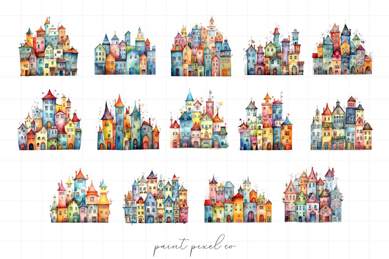 May include: A set of 10 watercolor illustrations of colorful, whimsical houses with various architectural details. Each house is unique and features a different color scheme and design. The illustrations are perfect for adding a touch of whimsy to any project.
