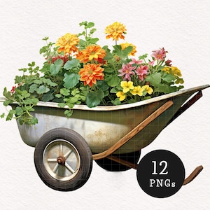 Floral Schubkarre Clipart Shabby Chic Blumenkorb PNG Ästhetik Cottagecore Frühling Grafiken Scrapbook Papier Handwerk Digitaler Aufkleber Download