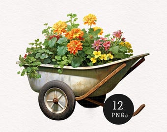 Floral Wheel Barrow Clipart Shabby chic Flower cart PNG Aesthetic cottagecore Spring graphics Scrapbook Paper craft Digital Sticker Download