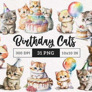Geburtstag Katzen Clipart PNG Party Kätzchen Kuchen Aquarell Grafiken Haustier Clip Art Sublimationskarte, die freie kommerzielle Verwendung PNG-Druck auf Anfrage