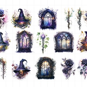 K&ouml;nnte beinhalten: Ein Set digitaler Illustrationen mit gotischen Fenstern, Hexenh&uuml;ten und schwarzen Rosen. Die Bilder sind im Aquarellstil mit violetten, blauen und gr&uuml;nen Farbt&ouml;nen gehalten.