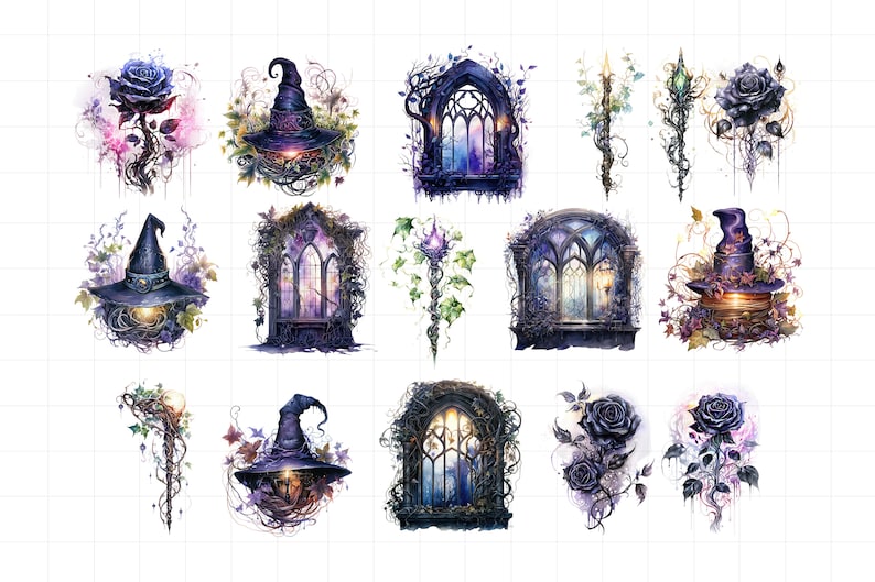 K&ouml;nnte beinhalten: Ein Set digitaler Illustrationen mit gotischen Fenstern, Hexenh&uuml;ten und schwarzen Rosen. Die Bilder sind im Aquarellstil mit violetten, blauen und gr&uuml;nen Farbt&ouml;nen gehalten.