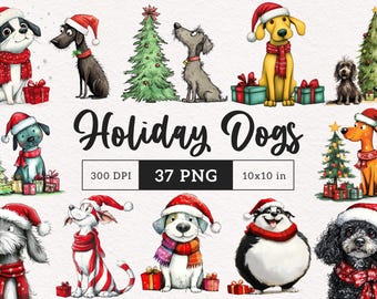 May include: A set of 37 digital illustrations of dogs wearing Santa hats and holiday accessories. The dogs are in various poses and are surrounded by Christmas trees, presents, and other festive decorations. The text "Holiday Dogs" is written in a festive font at the top of the image. The text "300 DPI, 37 PNG, 10x10 in" is written below the image.