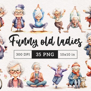 Lustige Oma Cliparts Skurrile alte Frau ältere Menschen schrullig alte Damen nana png Aquarell tanzende alte Dame Yoga-Liebhaber süße Oma glücklich