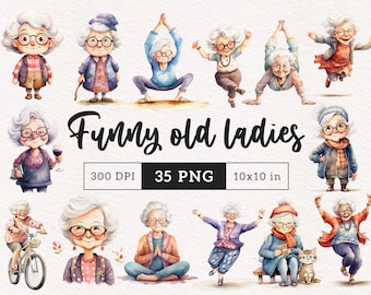 Funny Grandma clipart Quirky old woman elderly people Quirky old ladies nana png Watercolor dancing old lady Yoga lover cute granny happy