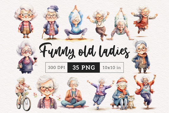Funny Grandma clipart Quirky old woman elderly people Quirky old ladies nana png Watercolor dancing old lady Yoga lover cute granny happy