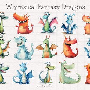 May include: Whimsical Fantasy Dragons is the title of this digital illustration featuring 15 cartoon dragons in various colors, poses, and expressions. The dragons are drawn in a watercolor style on a white background with a grid pattern.