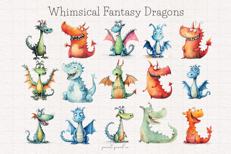 May include: Whimsical Fantasy Dragons is the title of this digital illustration featuring 15 cartoon dragons in various colors, poses, and expressions. The dragons are drawn in a watercolor style on a white background with a grid pattern.
