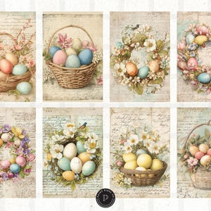 May include: A collection of eight vintage-style Easter-themed images. Each image features pastel-colored Easter eggs in baskets or wreaths, surrounded by flowers and foliage. The background has a textured, aged paper appearance.