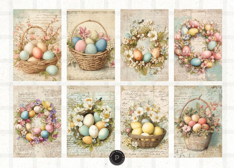 May include: A collection of eight vintage-style Easter-themed images. Each image features pastel-colored Easter eggs in baskets or wreaths, surrounded by flowers and foliage. The background has a textured, aged paper appearance.