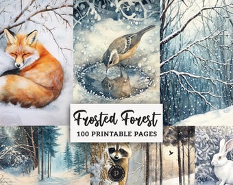 Cozy Winter Forest Digital Papers - Frosted Woodland Animals Junk Journal Printable - Scrapbooking Kit Holiday Ephemera Digital Background