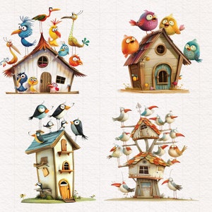 May include: Four whimsical birdhouses with colorful birds perched on top. Each house has a unique design and features a variety of bird species with different colors and patterns.