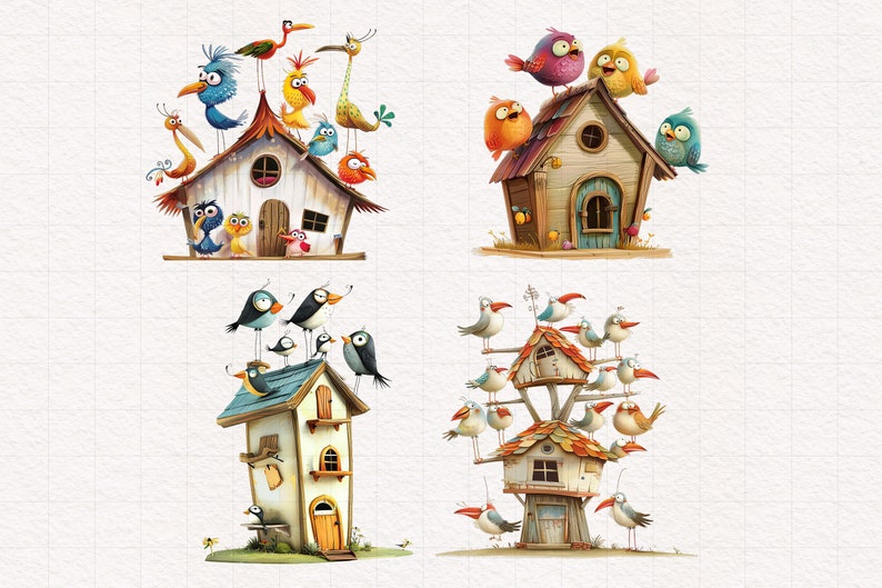 May include: Four whimsical birdhouses with colorful birds perched on top. Each house has a unique design and features a variety of bird species with different colors and patterns.