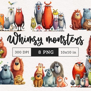 Paquete PNG de imágenes prediseñadas de monstruos caprichosos, criaturas extravagantes de acuarela, transferencia de sublimación caprichosa, imágenes prediseñadas, bonita ilustración gráfica alargada