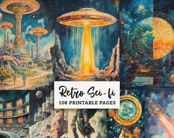 Retro Surreal Sci-Fi Junk Journal Filler Pages - Whimsical Mixed Media Space Printable - Psychedelic Scrapbook Ephemera Digital Backgrounds