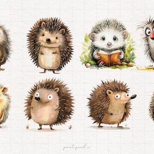 May include: Eight watercolor illustrations of hedgehogs with different expressions and poses. Some hedgehogs are brown, some are gray, and one is a light brown color. One hedgehog is reading a book. The illustrations are on a white background with a grid pattern.