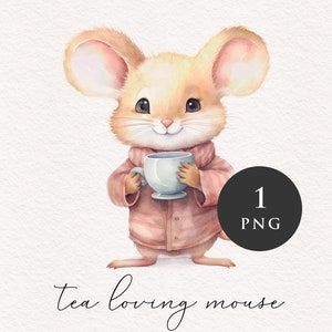 Mouse drinking tea PNG clipart vintage animal Clip art nursery adorable rodent graphics woodland PNGs Sublimation Card making Journaling