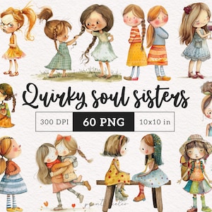 Schrullig Schwestern Beste Freunde Clipart Lustige Mädchen PNG Wunderlich Freundschaft Clip Art Whimsy Grafiken Dumme Menschen Grafiken Soul Sisters POD