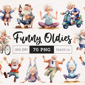 Grappige oude mensen Clipart PNG oma opa eigenzinnige oude vrouw ouderen oude man aquarel oude dame dans yoga liefhebber schattig oma gelukkig