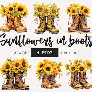Girassóis em botas de chuva clipart PNG floral Clip art aquarela girassóis Verão vintage Arte botânica Rústico PNGs Sublimação Criação de cartão