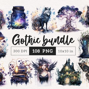 Watercolor Gothic Clipart PNG Dark Magic Animals Candle Roses Haunted houses Clip Art Fairytale Fantasy PNG Halloween Sublimation transfer