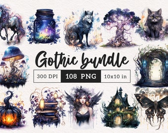 Watercolor Gothic Clipart PNG Dark Magic Animals Candle Roses Haunted houses Clip Art Fairytale Fantasy PNG Halloween Sublimation transfer