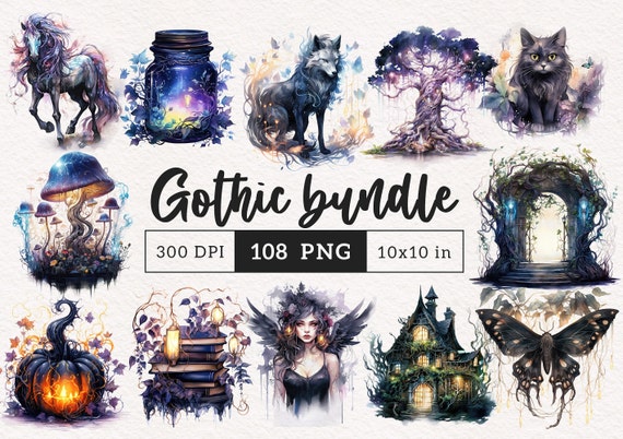 Watercolor Gothic Clipart PNG Dark Magic Animals Candle Roses Haunted houses Clip Art Fairytale Fantasy PNG Halloween Sublimation transfer