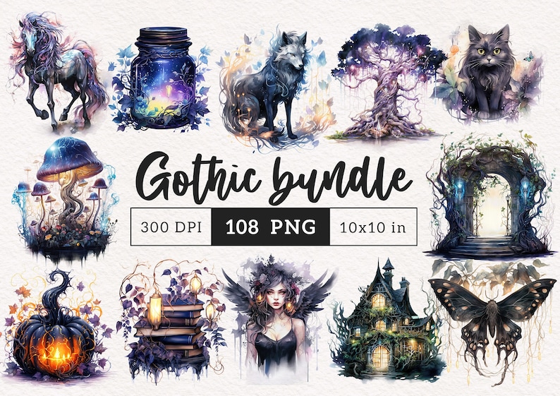 K&ouml;nnte beinhalten: Ein digitales Illustrationspaket mit 10 Bildern im gotischen Stil. Die Bilder zeigen einen Wolf, eine Katze, einen Baum, ein Glas, einen Pilz, einen K&uuml;rbis, ein Haus, einen Schmetterling, einen B&uuml;cherstapel und eine Frau mit Fl&uuml;geln. Die Bilder sind im Aquarellstil gehalten und haben eine dunkle und geheimnisvolle Atmosph&auml;re.