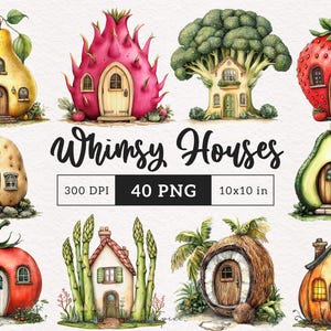Märchenhaftes Obst Gemüse Fee Haus Clipart, süsses, fantasievolles Bild, PNG, märchenhafte Grafiken, digitale Aufkleber, Papier Handwerk, Junk Journal, kommerzielle Nutzung
