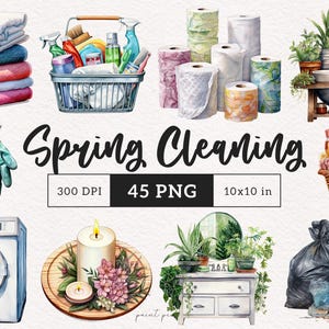 May include: A watercolour illustration of spring cleaning supplies, including cleaning products, gloves, towels, toilet paper, a washing machine, a candle, a bathroom sink, and bin bags. The illustration is labelled "Spring Cleaning" and includes the text "300 DPI", "45 PNG", and "10x10 in".