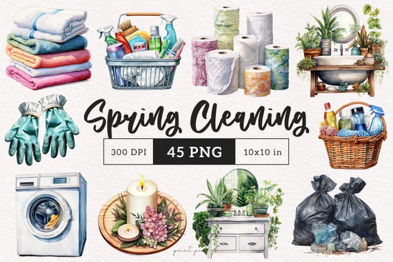 Spring cleaning clipart Housekeeping PNG Home Chores Watercolor Planner girl Rustic Sublimation Paper Crafting Junk Journal Kit Printable