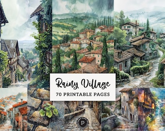 Papiery do dziennika Rainy Village Junk – Przytulna wiejska estetyka do druku – Zestaw do scrapbookingu w stylu vintage, tło cyfrowe w stylu shabby chic