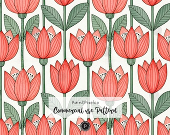 Bold Floral Block Print Seamless Pattern – Cottagecore Folk Art Botanical Design (Commercial Use)(Digital Download)