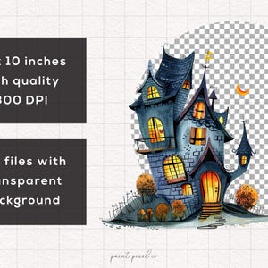 May include: A whimsical watercolor illustration of a dark blue and gray haunted house with glowing windows. The house is surrounded by trees and bushes, and there is a crescent moon in the sky.