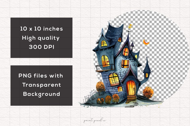 May include: A whimsical watercolor illustration of a dark blue and gray haunted house with glowing windows. The house is surrounded by trees and bushes, and there is a crescent moon in the sky.
