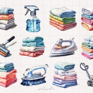 May include: Watercolour illustration of household cleaning and laundry supplies. The image includes a spray bottle, a squeegee, an iron, a vacuum cleaner, and stacks of towels in various colours.