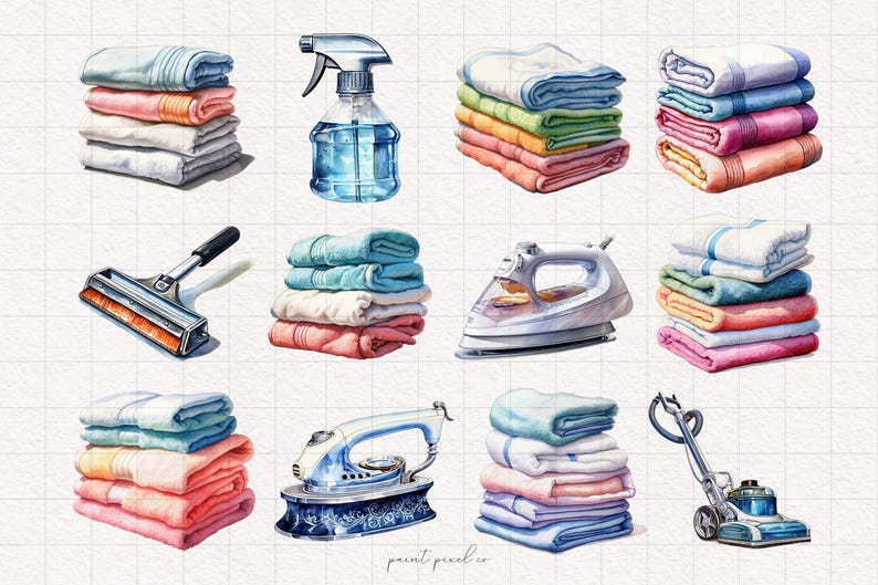 May include: Watercolour illustration of household cleaning and laundry supplies. The image includes a spray bottle, a squeegee, an iron, a vacuum cleaner, and stacks of towels in various colours.
