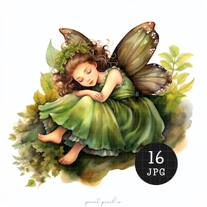 Forest Fairies Clipart JPG betoverende lentefee grillige afdrukbare groene fee kinderkamer inrichting kawaii sublimatie kaarten maken Mixed Media