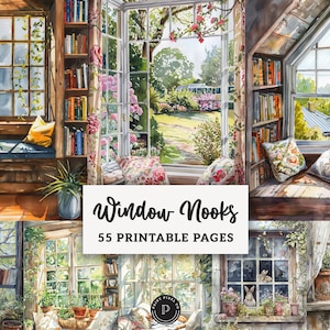 Könnte beinhalten: Aquarellillustrationen von gemütlichen Fensterecken mit Bücherregalen, Kissen und Ausblicken auf Gärten. Das Bild enthält den Text "Window Nooks" und "55 Printable Pages". Das Gesamtthema ist eine Sammlung von druckbarer Kunst.
