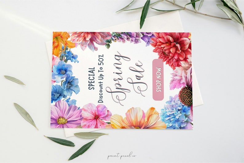 K&ouml;nnte beinhalten: Eine wei&szlig;e Karte mit einem floralen Rand und dem Text "Spring Sale" in einer dekorativen Schriftart. Der Text "SPECIAL Discount Up To 50%" befindet sich ebenfalls auf der Karte. Ein rosa Knopf mit dem Text "SHOP NOW" befindet sich in der rechten unteren Ecke.