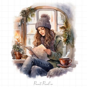8 Winter Girl Reading Clipart JPGs de alta qualidade Cozy Bookworm clipart Sublimação Junk Journal Digital paper crafting Licença comercial