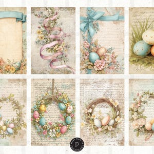 May include: A collage of eight vintage-style Easter-themed images. Each image features pastel colors, floral elements, and decorative eggs. Some images include ribbons, wreaths, and handwritten script backgrounds, evoking a classic, springtime aesthetic.