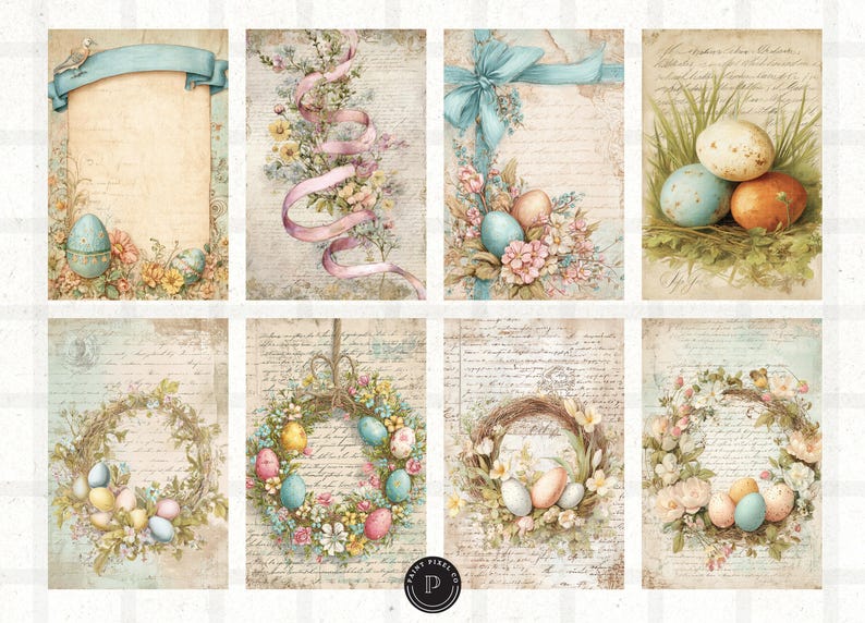 May include: A collage of eight vintage-style Easter-themed images. Each image features pastel colors, floral elements, and decorative eggs. Some images include ribbons, wreaths, and handwritten script backgrounds, evoking a classic, springtime aesthetic.