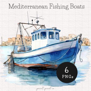 Clipart bateau de pêche méditerranéen île de bateaux de bord de mer PNG vue sur la plage aquarelle sublimation papier artisanat fabrication de cartes Utilisation commerciale