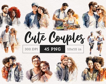 Watercolor Couple Clipart PNG Cute Lovers Partners people in love LGBTQ Interracial Diverse couples Sublimation clip art Romantic graphics