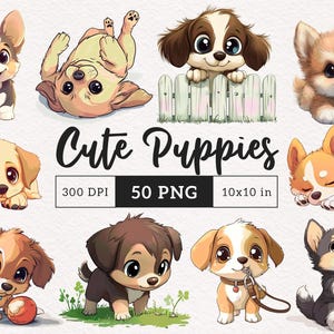 Clipart de perros dulces, lindo cachorro PNG, animales bebés felices, decoración de guardería, artesanía de sublimación, mascotas, gráficos de dibujos animados imprimibles, adorable regalo para amantes de los perros