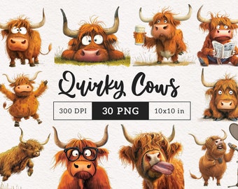 Quirky Highland Cow PNG Clipart Bundle Whimsical Cow Sublimation clip art Animales de granja Gráficos caprichosos Mascotas divertidas Ilustración de vaca tonta